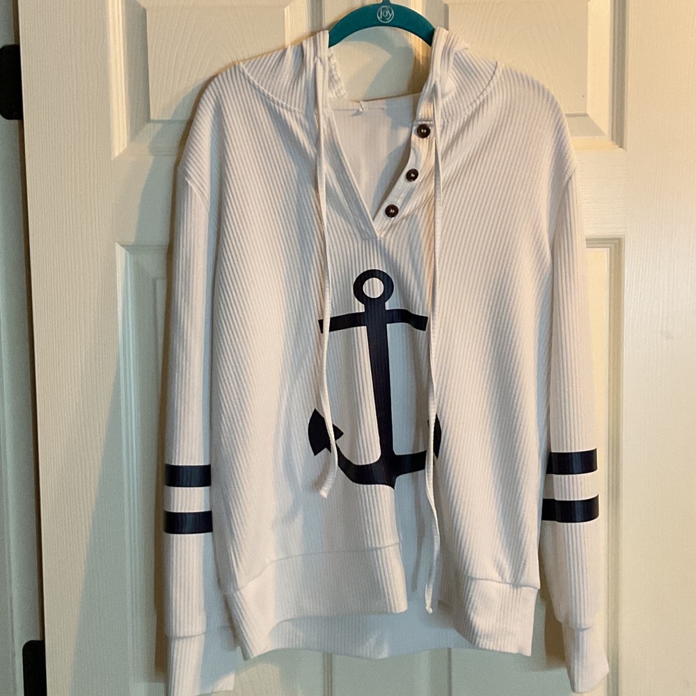 White Hoodie with Navy Anchor Design
